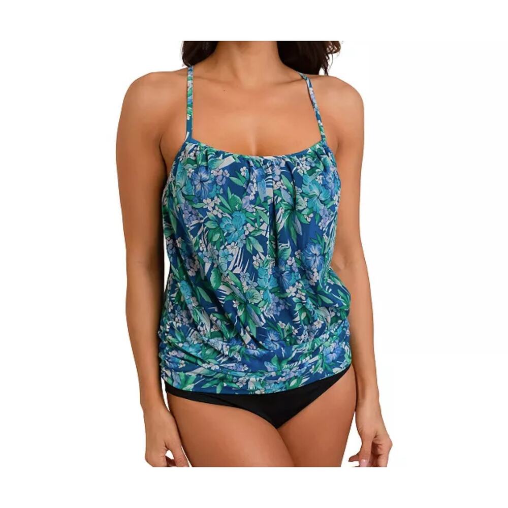 Fit 4 U Tropical Floral Tankini Top Blue Mesh Racerback Size 18 NWT